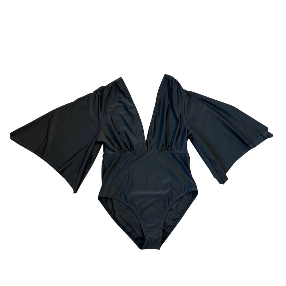 NWOT Venus Black One-piece Swimwear Swimsuit Bat Wings Dramatic V-Neck Womens 12 - Picture 3 of 11